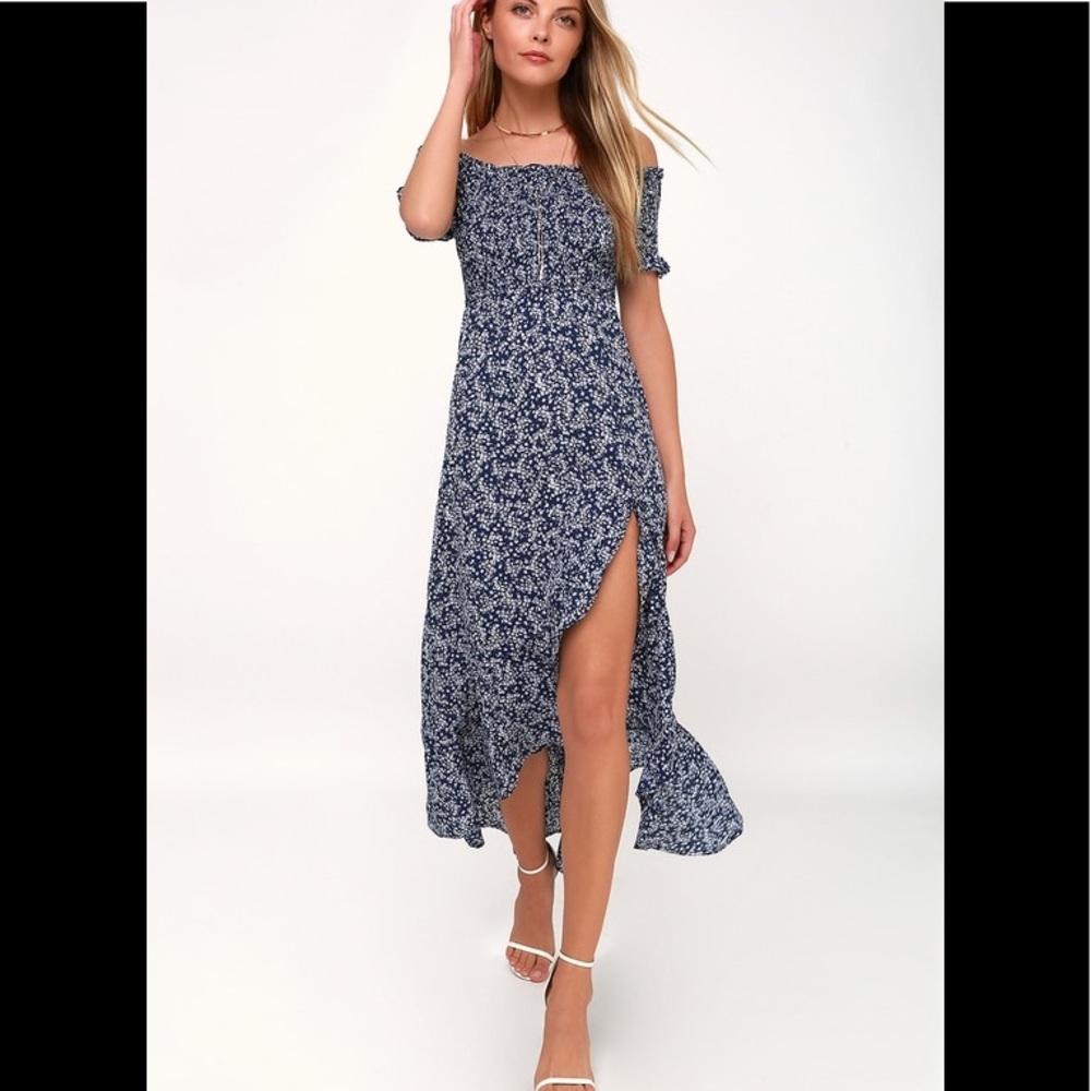 LULUs navy blue floral midi dress